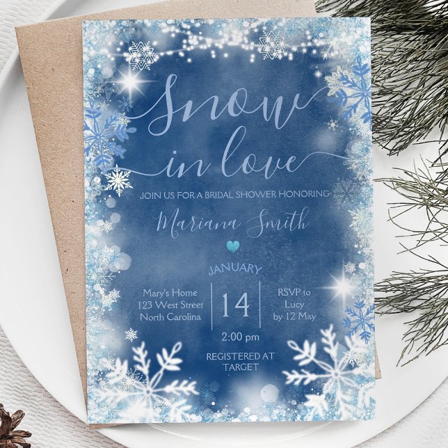 White Blue Snow in Love Snowflake Bridal Shower  Invitation (Creator Uploaded)
