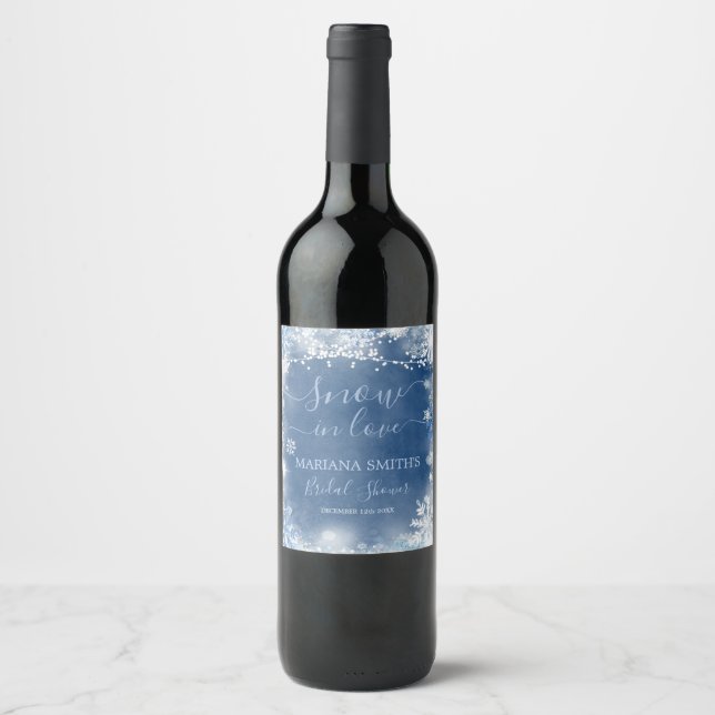 White Blue Snow in Love Snowflake Bridal Shower Wine Label (Front)