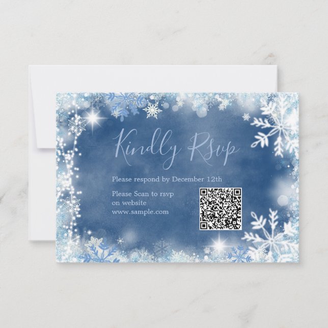 White Blue Snowflake Bridal Shower QR Rsvp Card (Front)