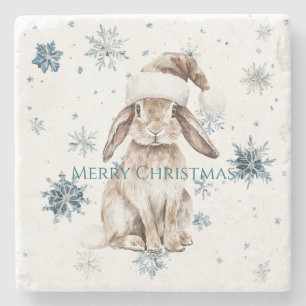 White Blue Snowflakes Christmas Bunny Stone Coaster