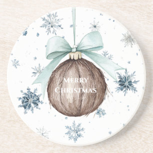 White Blue Snowflakes Christmas Coconut Bow Coaster
