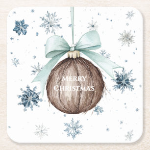 White Blue Snowflakes Christmas Coconut Bow Square Paper Coaster