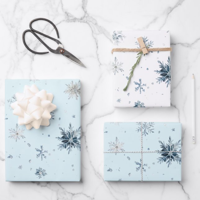 White Blue Snowflakes Christmas Wrapping Paper Sheet (Front)