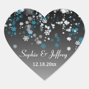 White, blue snowflakes on black Save the Date Heart Sticker