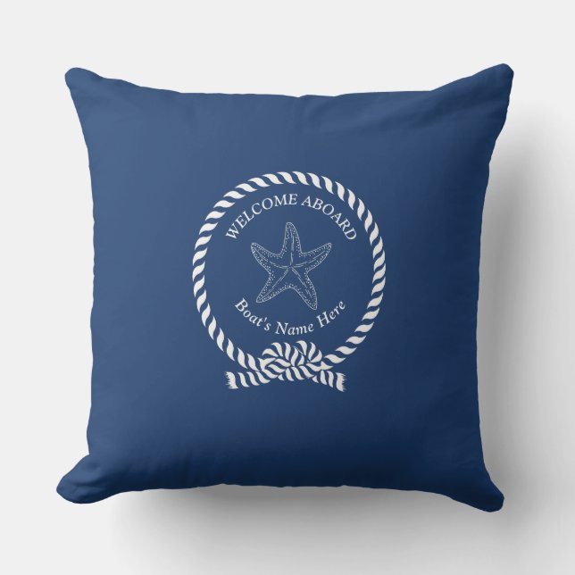 White Blue Starfish Nautical Solid Navy Blue Boat  Outdoor Pillow (Front)