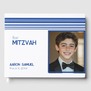 White Blue Striped Photo Bar Mitzvah Guest Book