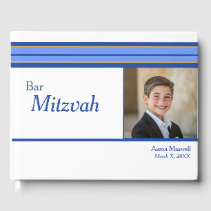 White Blue Striped Photo Bar Mitzvah Guest Book
