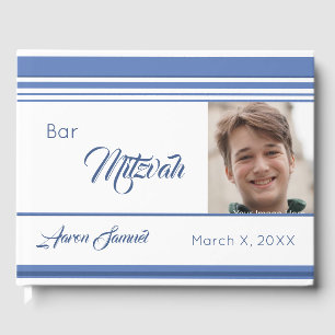 White Blue Striped Photo Bar Mitzvah Guest Book