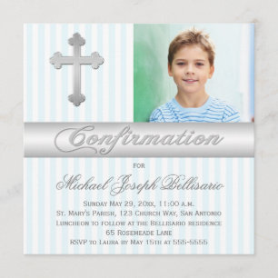 White Blue Stripes Confirmation Photo Invitation