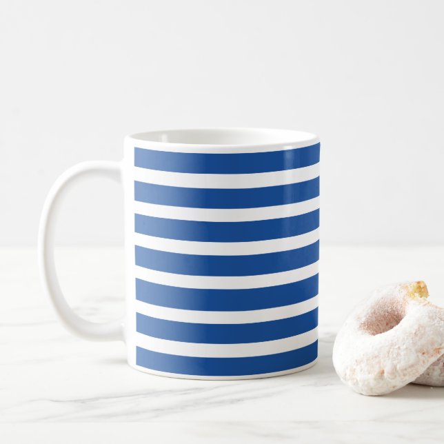 White Blue Stripes Cute Coffee Mug (With Donut)
