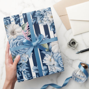 White Blue Stripes Floral Birthday Wrapping Paper