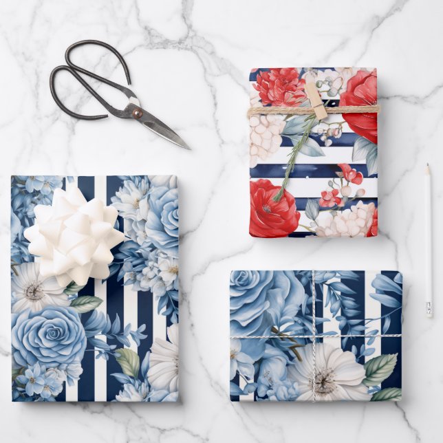 White Blue Stripes Floral Birthday Wrapping Paper Sheet (Front)