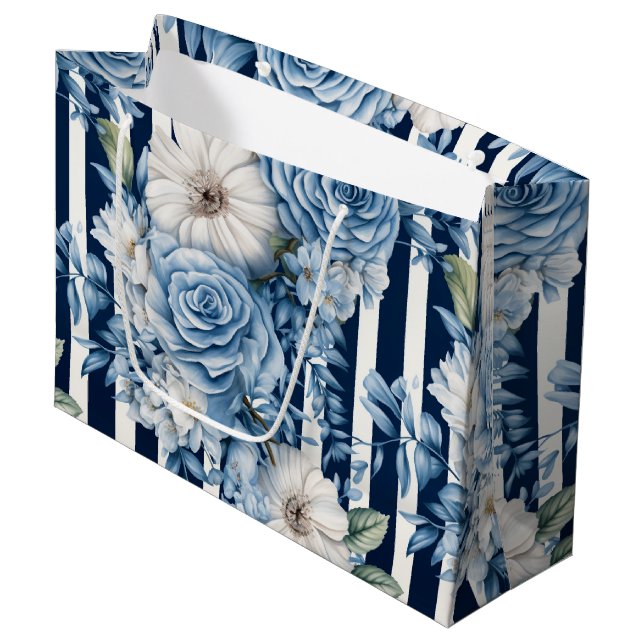 White Blue Stripes Floral Bridal Shower Large Gift Bag (Front Angled)