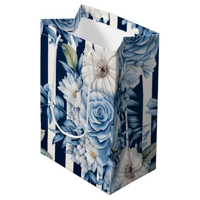 White Blue Stripes Floral Bridal Shower Medium Gift Bag (Front Angled)