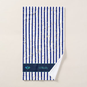 White Blue Stripes Gold Monogram Pickleball Hand Towel