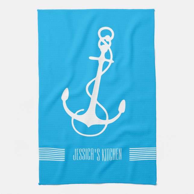 White & Blue Stripes Nautical Boat Anchor Kitchen Towel (Vertical)