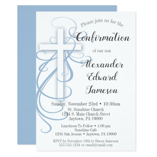 White Blue Swirl Cross Confirmation Invitation Boy Zazzle.ca