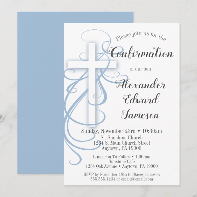White Blue Swirl Cross Confirmation Invitation Boy (Front/Back)