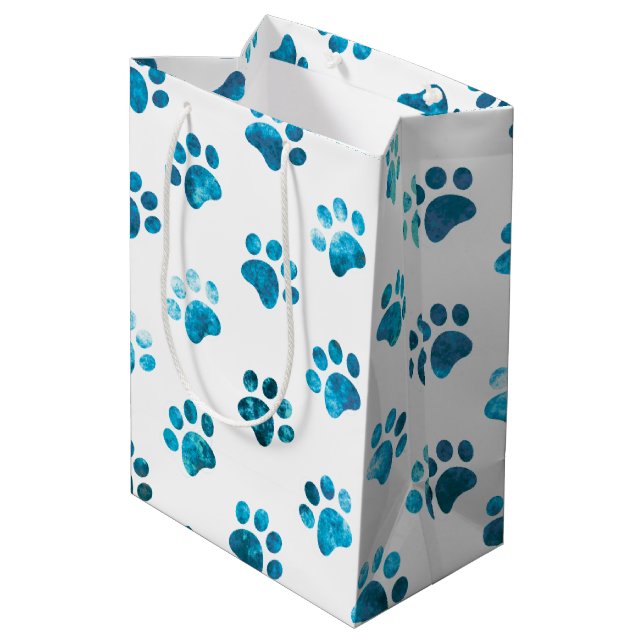 White Blue Textured Paw Print Pattern Medium Gift Bag (Back Angled)