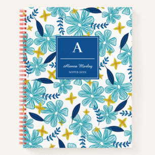 White Blue Tropical Floral Pattern Notebook