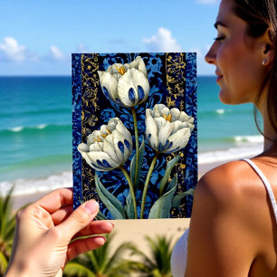 White Blue Tulip Damask Postcard