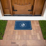 White & Blue Vintage Nautical Boat 2 Illustration Doormat<br><div class="desc">Elegant white and navy blue vintage nautical boat no. Two illustrations with customizable text.</div>