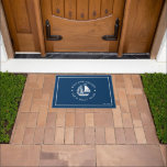White & Blue Vintage Nautical Boat 2 Illustration Doormat<br><div class="desc">Elegant white and navy blue vintage nautical boat no. Two illustrations with customizable text.</div>