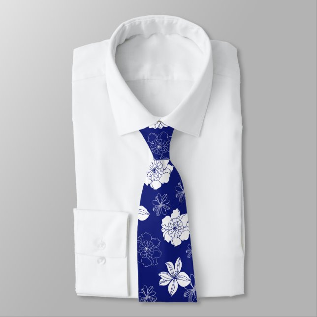 White & Blue Violet Graphic Floral Pattern Tie (Tied)