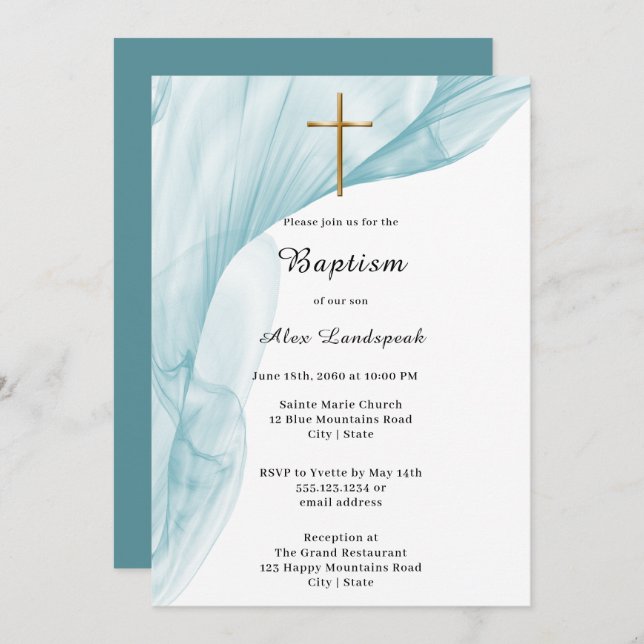 White, Blue Voile & Gold Cross Baptism Invitation (Front/Back)