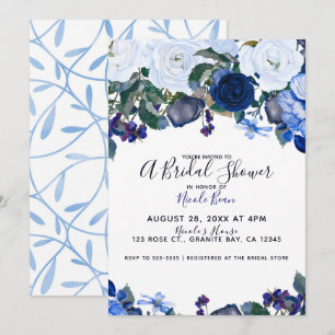 White & Blue Winter Floral Bouquet Bridal Shower Invitation