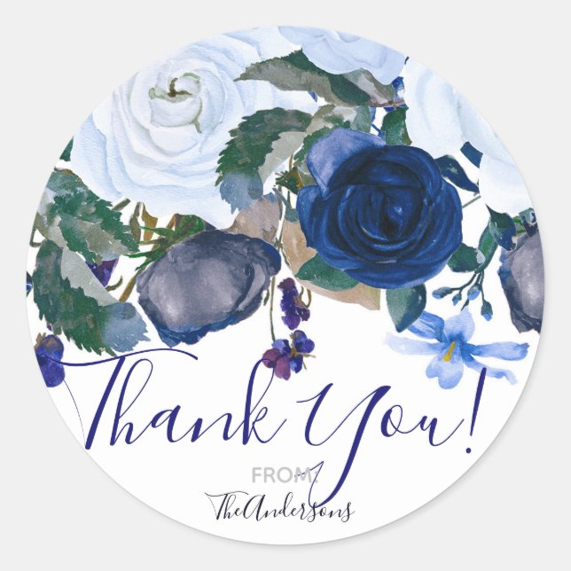 White & Blue Winter Floral Bouquet Chic Wedding Classic Round Sticker (Front)