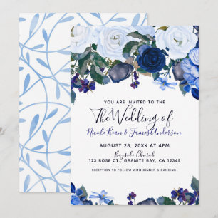 White & Blue Winter Floral Bouquet Chic Wedding Invitation
