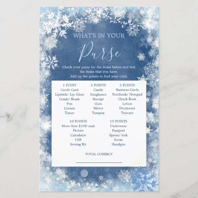 White Blue Winter Snowflake Bridal Purse Game (Front)