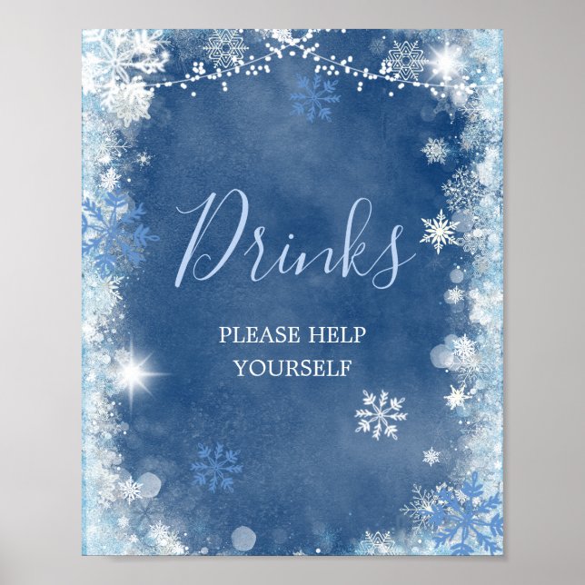 White Blue Winter Snowflake Bridal Shower Drinks Poster (Front)