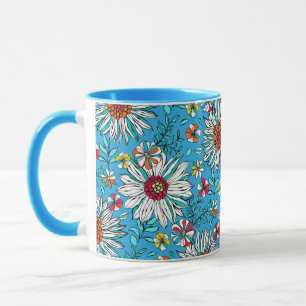 White Blue Yellow Orange Red Daisy Flowers Pattern Mug