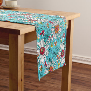 White Blue Yellow Orange Red Daisy Flowers Pattern Short Table Runner