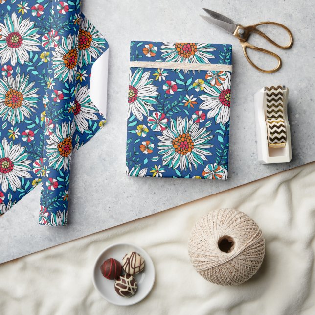 White Blue Yellow Orange Red Daisy Flowers Pattern Wrapping Paper (Crafts)