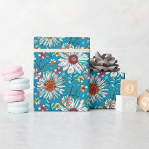White Blue Yellow Orange Red Daisy Flowers Pattern Wrapping Paper
