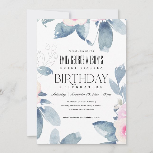 WHITE BLUSH BLUE FLORAL SWEET 16 ANY AGE BIRTHDAY INVITATION (Front)
