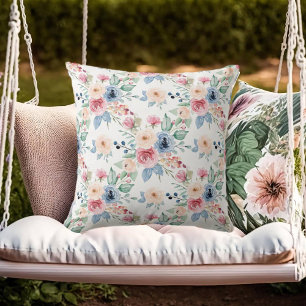 White Blush Blue Roses Elegant Throw Pillow