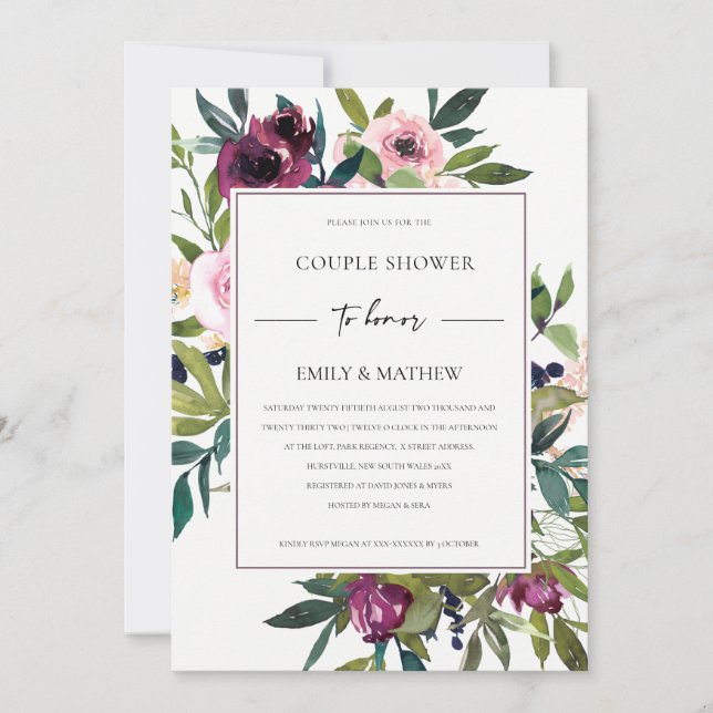 WHITE BLUSH BURGUNDY FLORAL BUNCH COUPLE SHOWER INVITATION (Front)