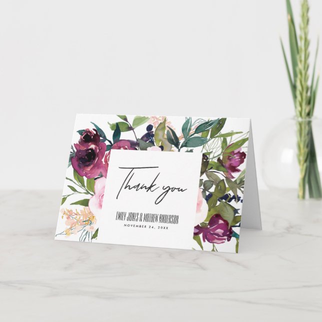 WHITE BLUSH BURGUNDY GREEN FLORAL BUNCH WEDDING THANK YOU CARD (Front)