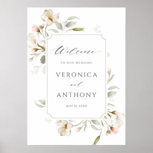 White Blush Elegant Floral Wedding Welcome Sign