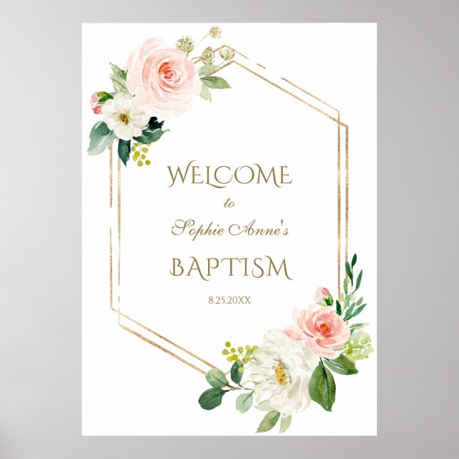 White Blush Floral Gold Frame Welcome Baptism Sign (Front)