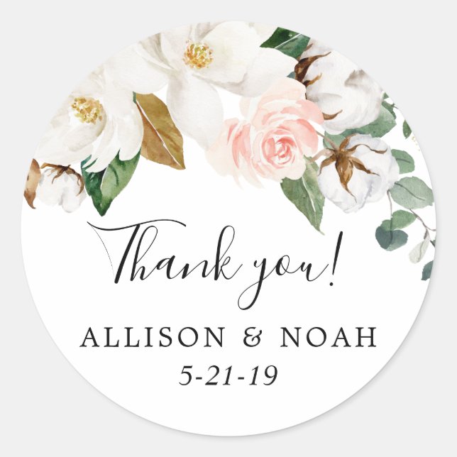 White blush floral magnolia greenery favour classic round sticker (Front)