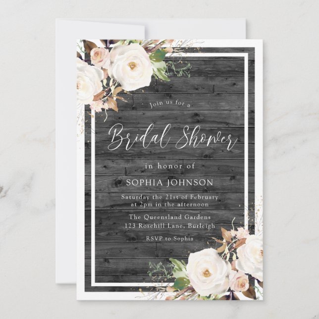 White & Blush Floral Rustic Charcoal Bridal Shower Invitation (Front)