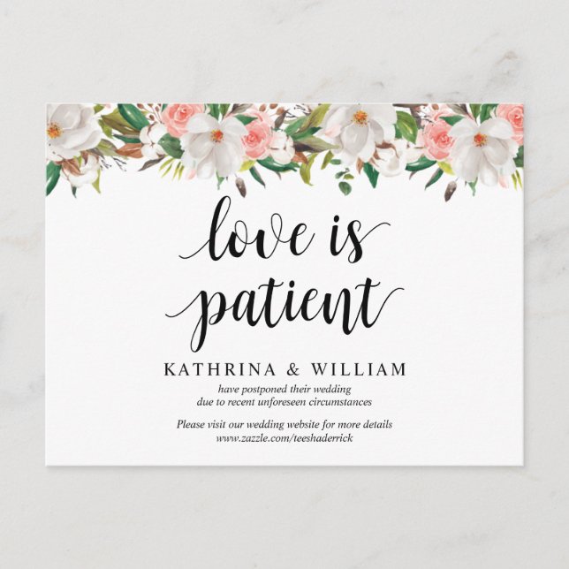 White Blush Florals, Love is Patient, Postponed Postcard (Front)