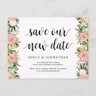 White Blush Florals, Save our new date, Postponed Postcard