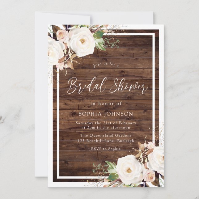 White & Blush Flowers Rustic Wood Bridal Shower Invitation (Front)