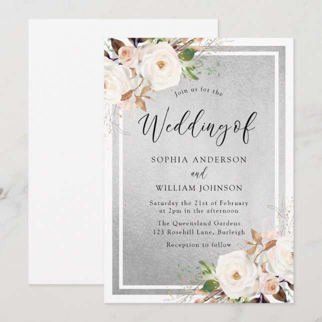 White & Blush Flowers Silver Elegant Wedding Invitation (Front/Back)
